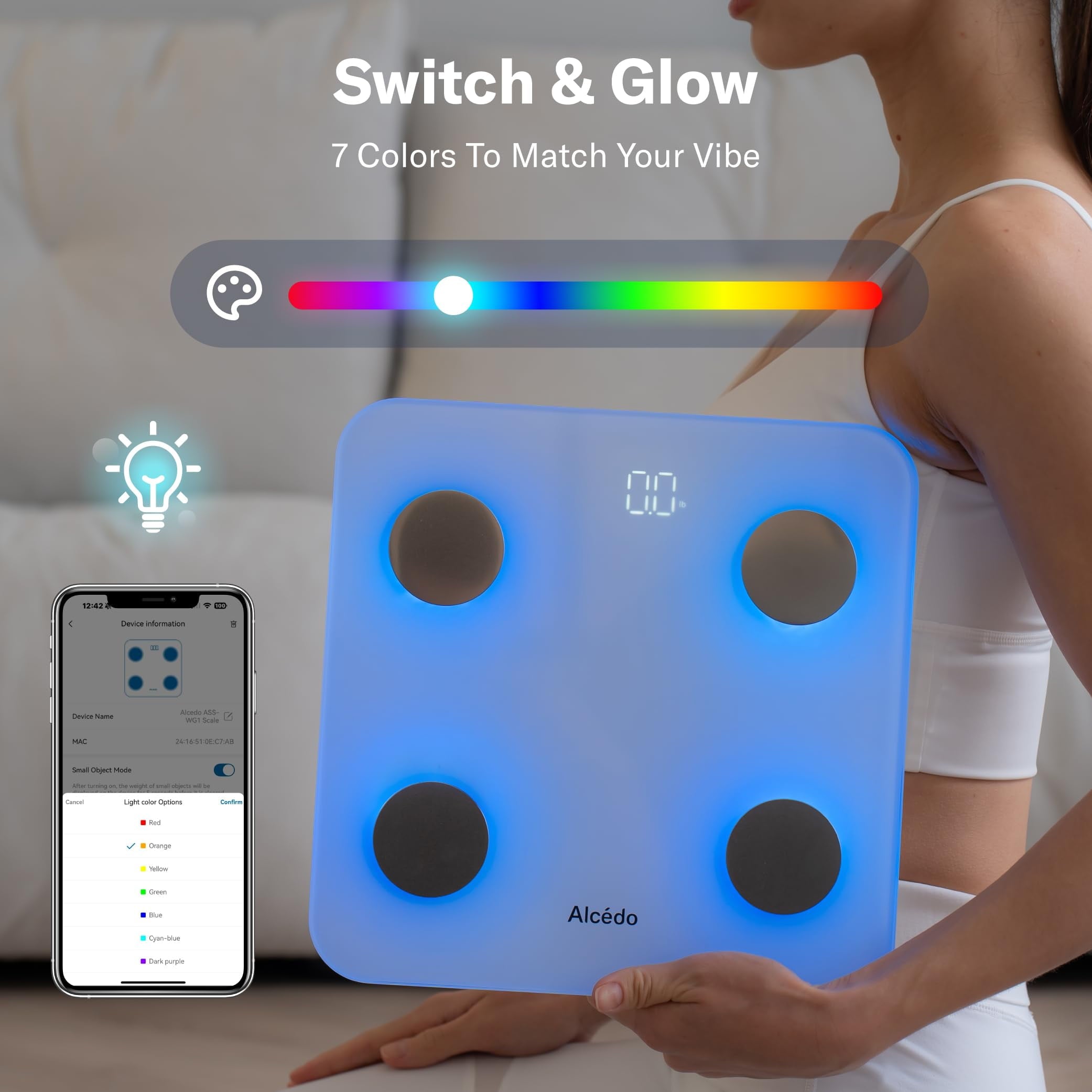 Smart kropsfedtmåler, digital vægt med BMI, fedtprocent, muskelmasse, farveskift ved vægtvariation, 400 lb, Bluetooth C80